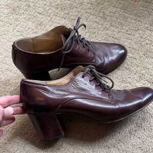 Frye Dark Brown Leather Lace-Up Heeled Oxfords